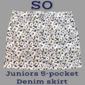 NWOT SO Jr. 5-Pocket Stretch Denim All Over Daisy Printed Mini Skirt/Sz. 17Jr